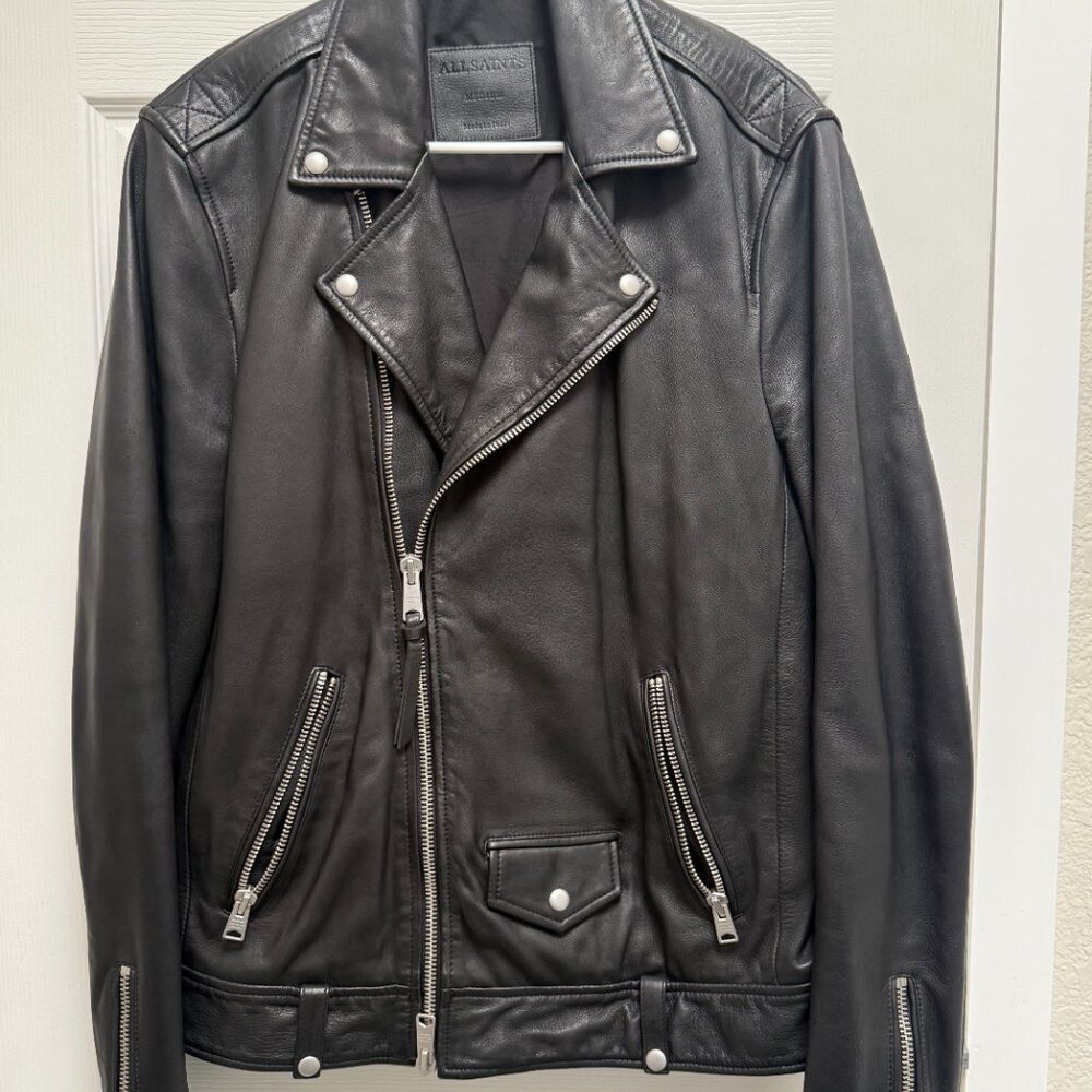 ALLSAINTS MEN MEDIUM BLACK ASYMMETRICAL BLACK 100% LEATHER BIKER MILO JACKET